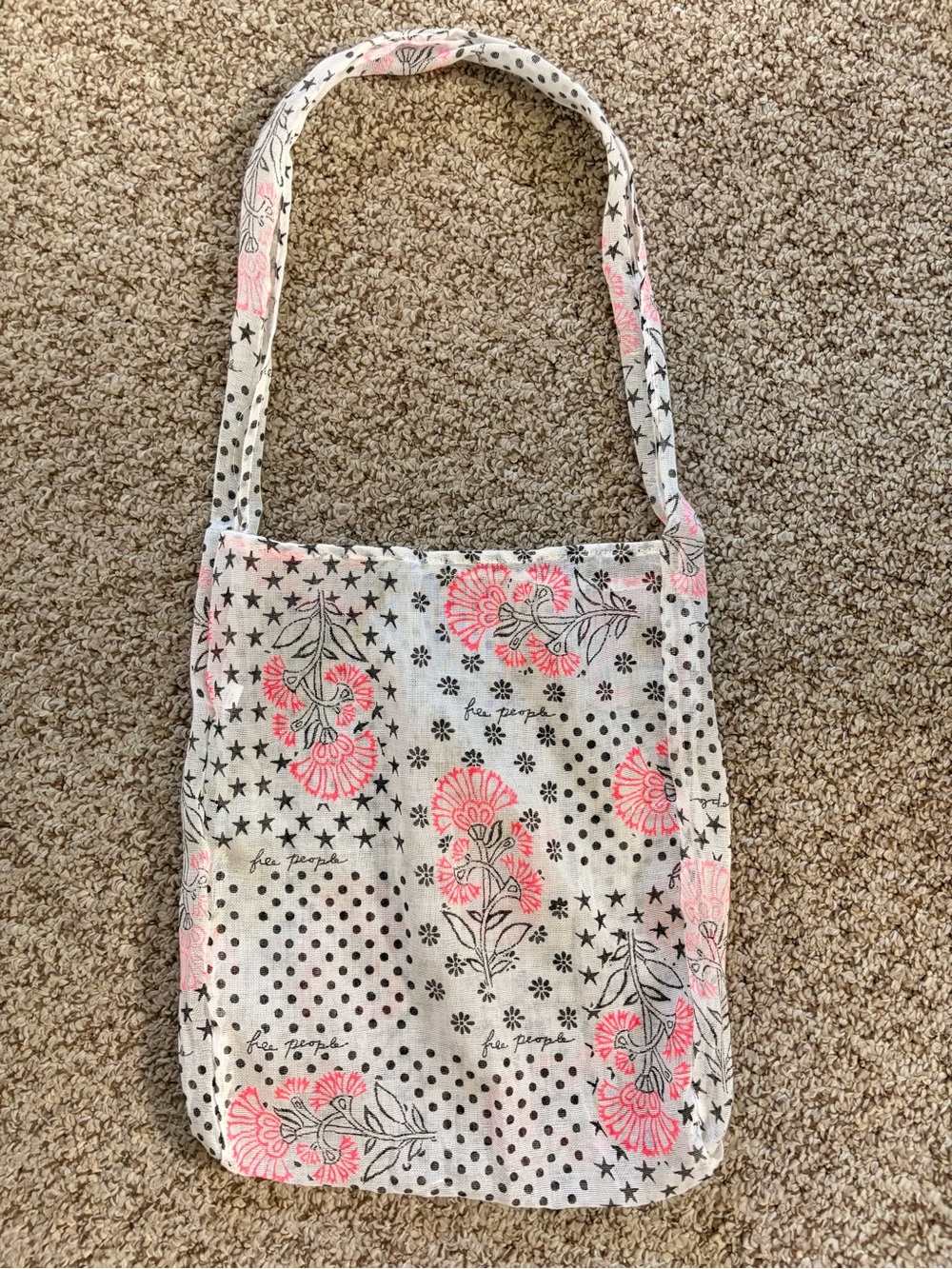 Free People Cream Canvas Tote with Pink Floral & Black Star Print